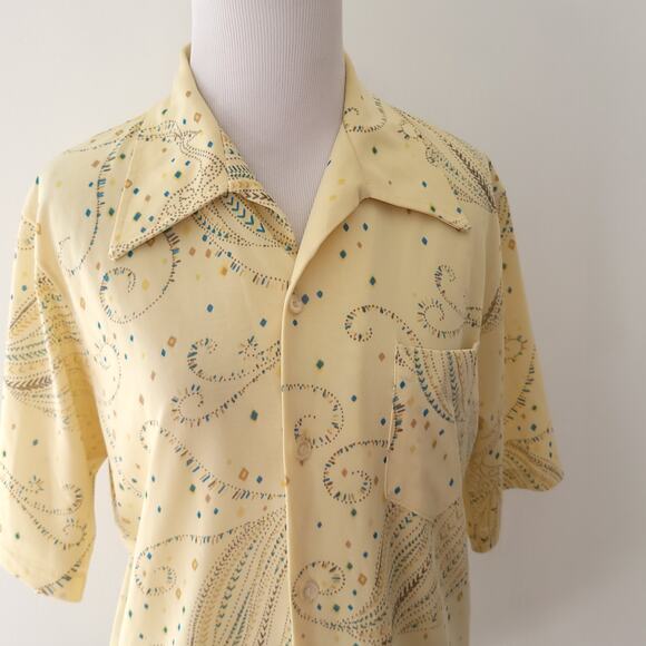 Vintage Jantzen 70s Button Front Shirt Yellow Peacock Short Sleeve Men - Picture 4 of 12